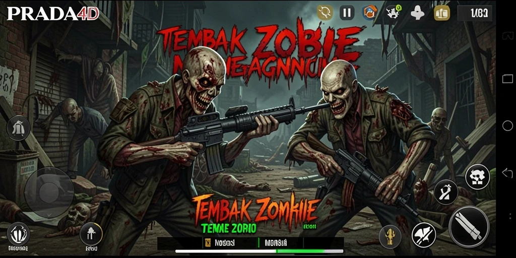 Tampilan antarmuka PRADA4D yang mendebarkan saat bertempur melawan zombie.